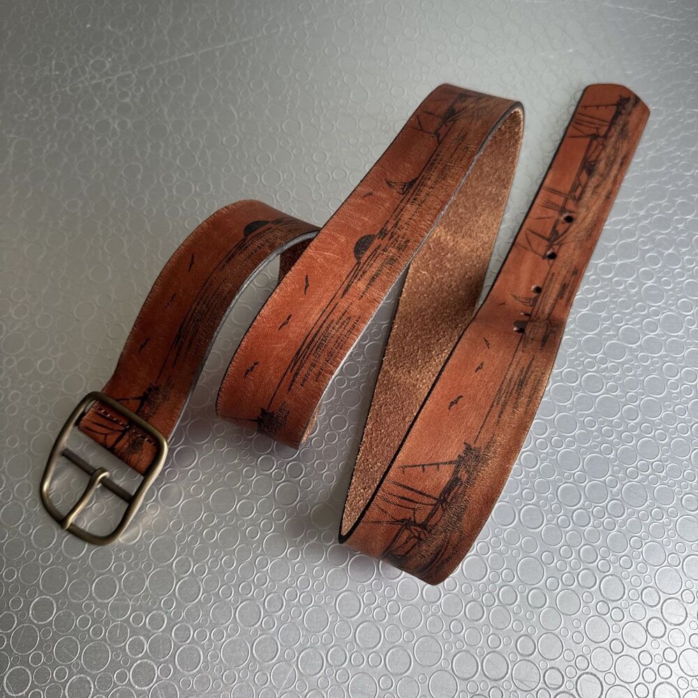 Vintage Scenic Brown Leather Sailboat 90s Nautical Sailing Mens Belt - Size 38